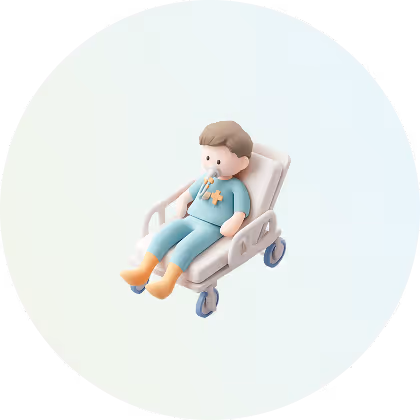 3D cartoon figure of a patient in blue scrubs sitting in a beige wheelchair.