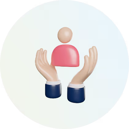 Two hands in blue sleeves holding a red human figure with a beige head.