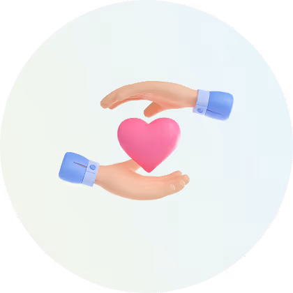 Two hands in blue sleeves gently holding a pink heart symbol in a light circle background.