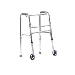 Silver mobility walker with two blue wheels and rubber tips on the legs.