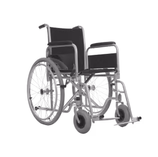 Empty manual wheelchair with black seat and large rear wheels on a white background.