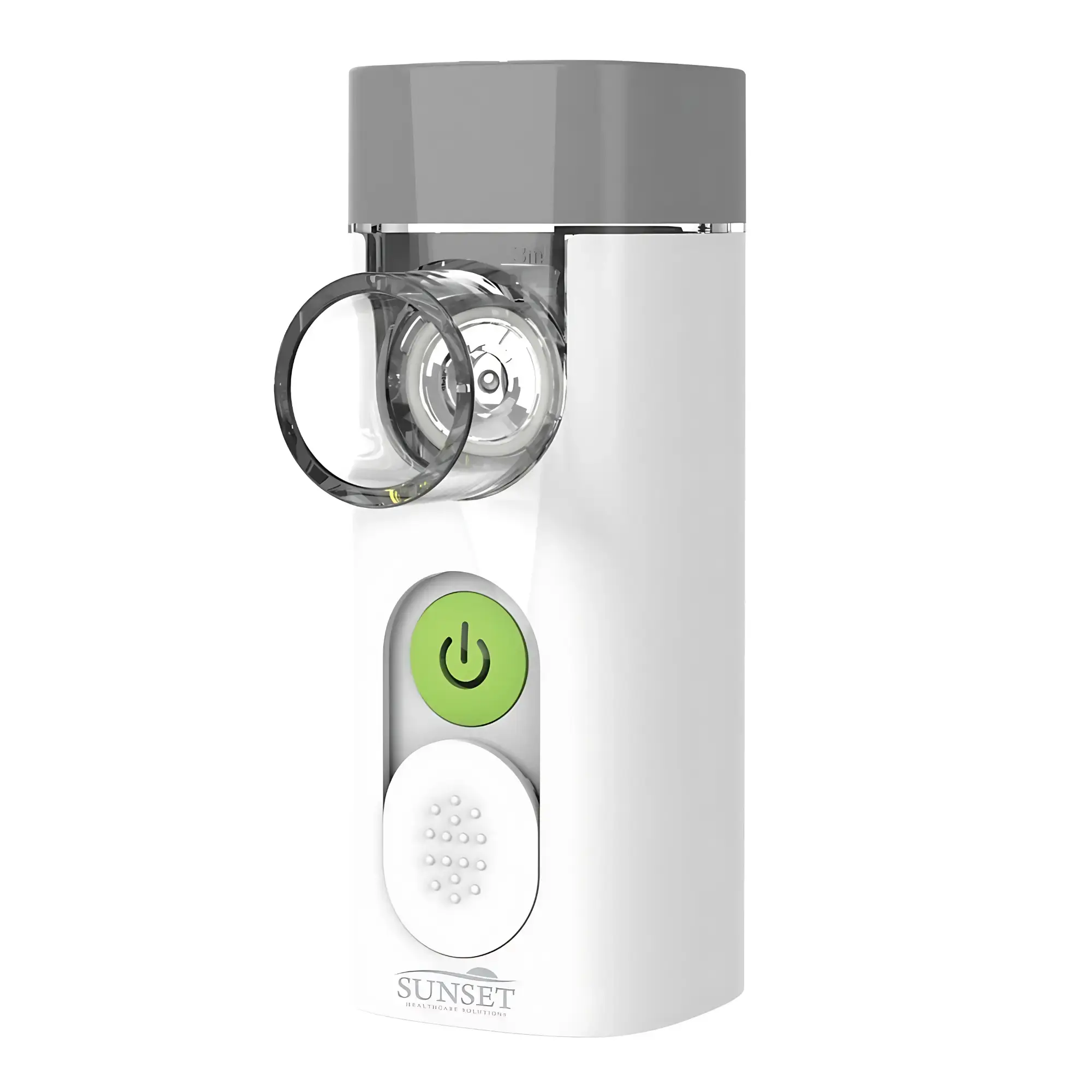 White and gray electric nebulizer with green power button and mouthpiece.