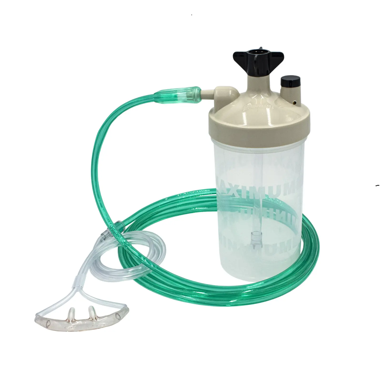 Oxygen humidifier bottle with connected green and clear oxygen tubing and nasal cannula.