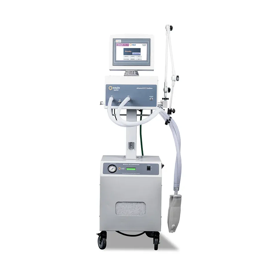 Advanced ICU ventilator machine with screen, tubes, and medical air compressor on wheels.