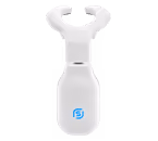 White handheld device with a U-shaped top and blue logo near the base.