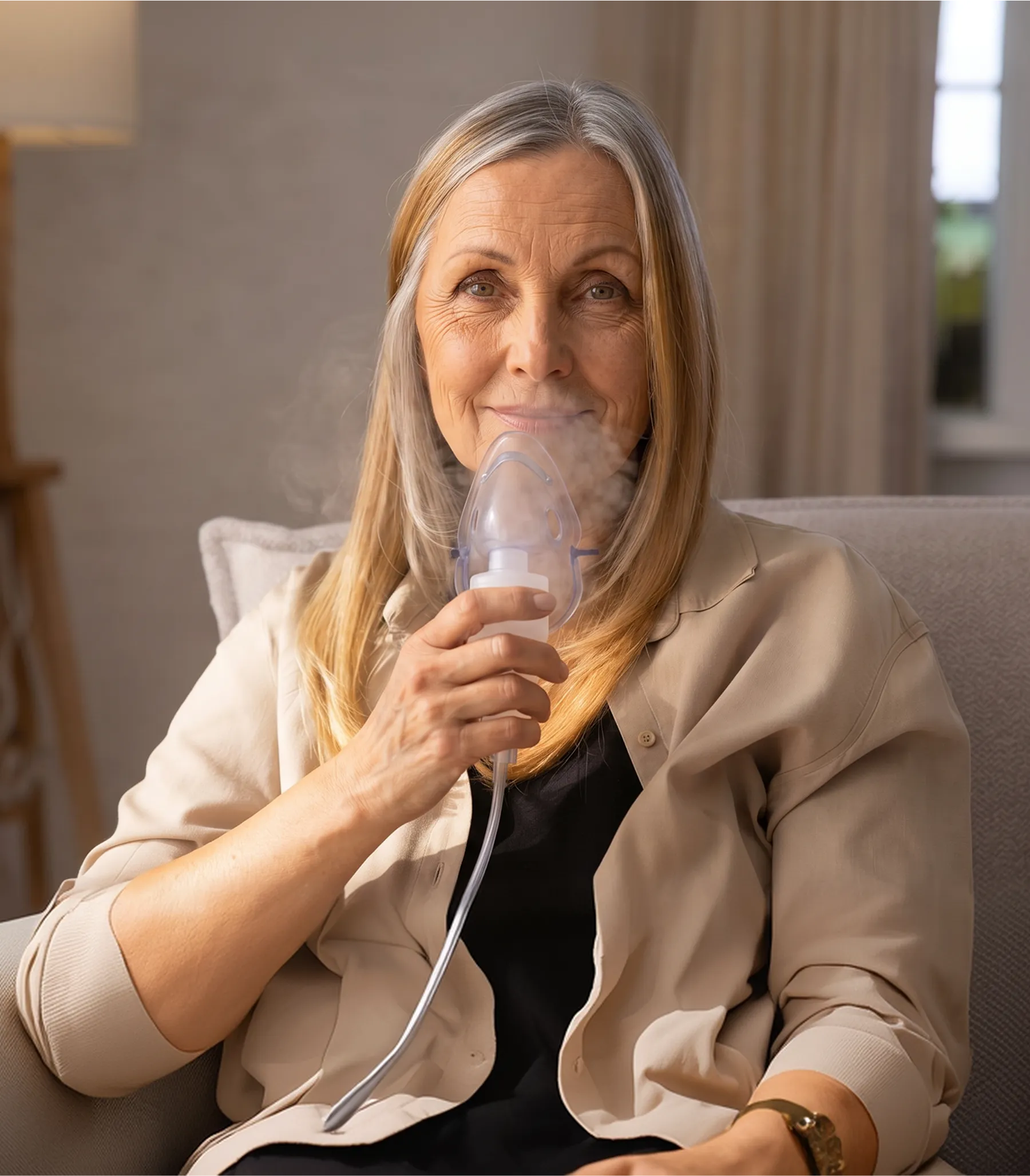 Smiling mature woman using a nebulizer mask while sitting on a couch in a softly lit room.