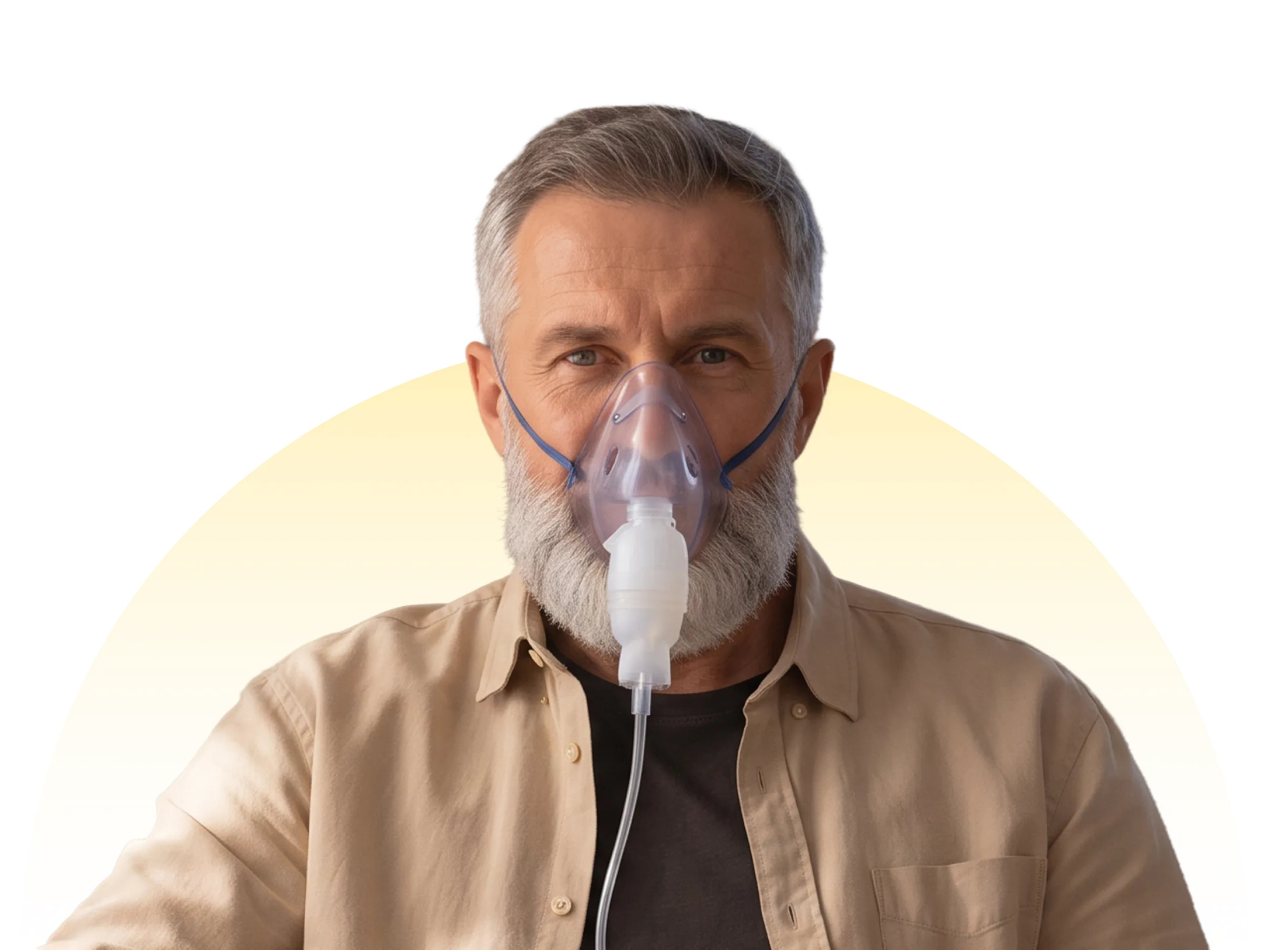 Older gray-bearded man wearing oxygen mask for respiratory care against soft gradient background.