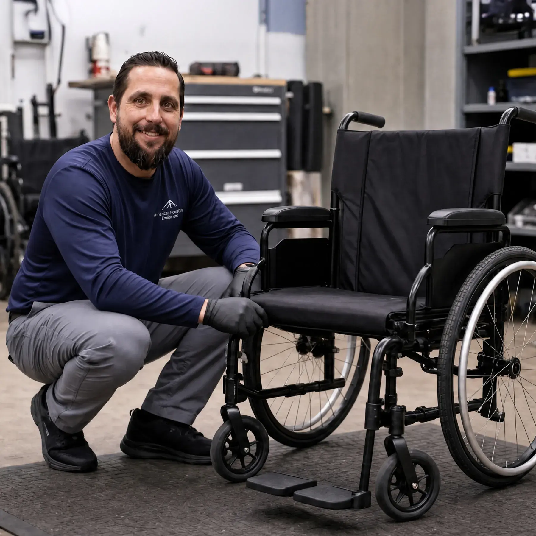 Man in blue shirt and gloves kneeling next to a black wheelchair in a workshop.