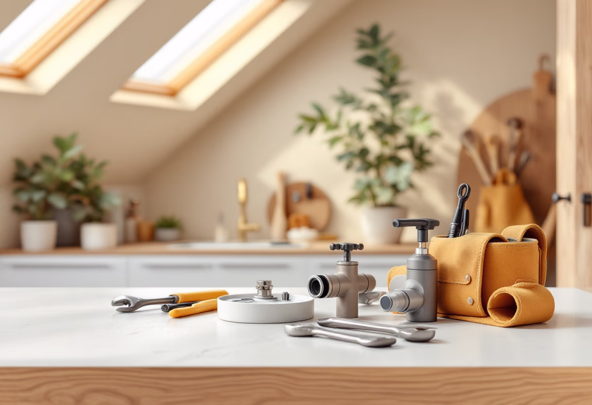 image of tools organized on a workbench for a plumbing service
