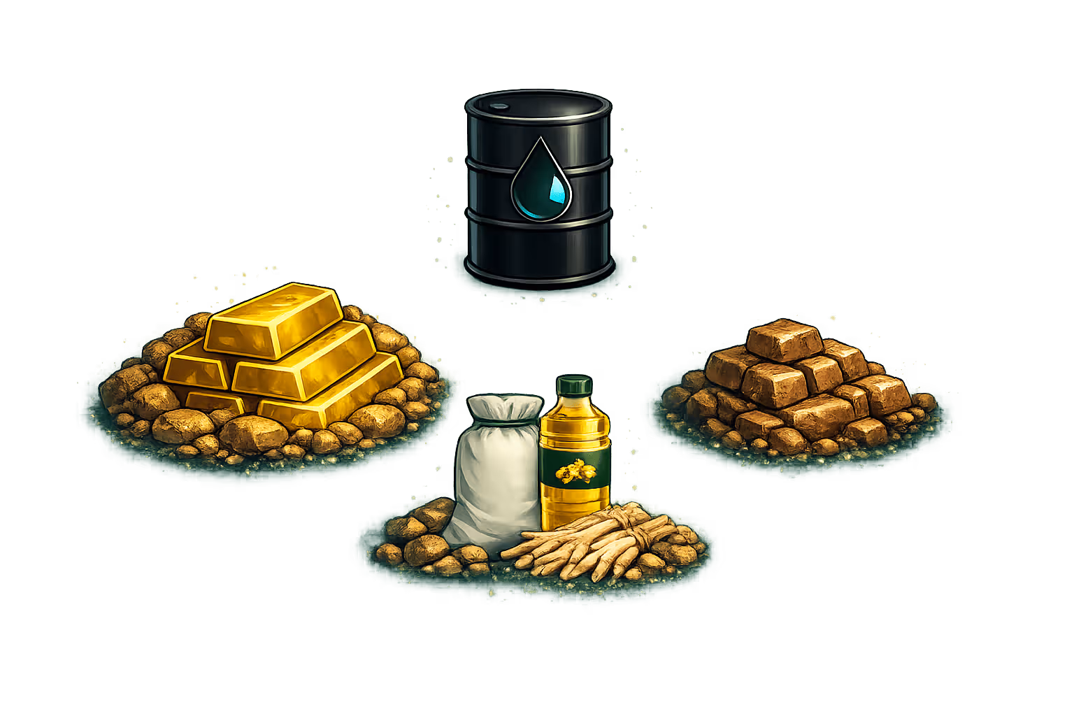 Active commodity corridor icons — petroleum, metals, agriculture and freight
