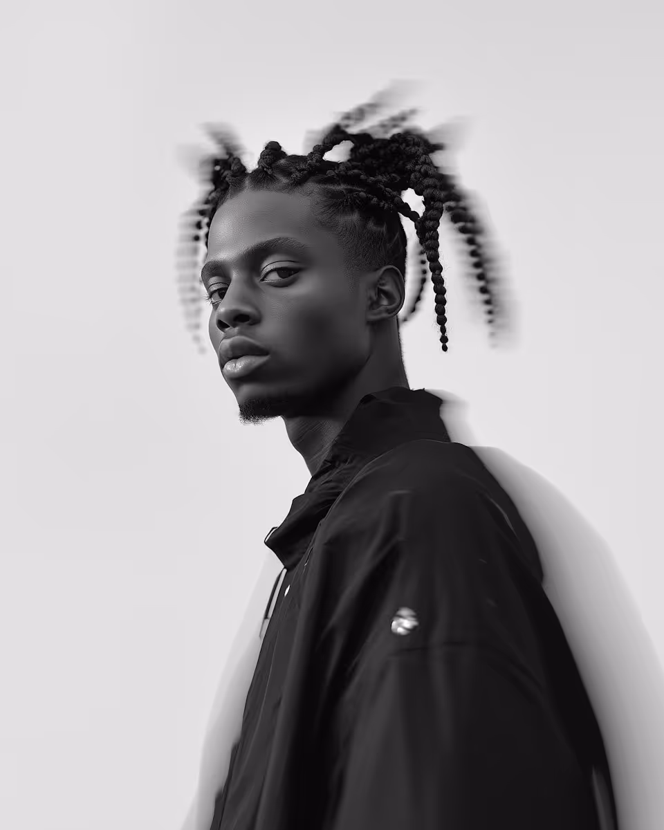 Black and white portrait of a young man with braided hair looking over his shoulder, with a blurred motion effect on the braids.