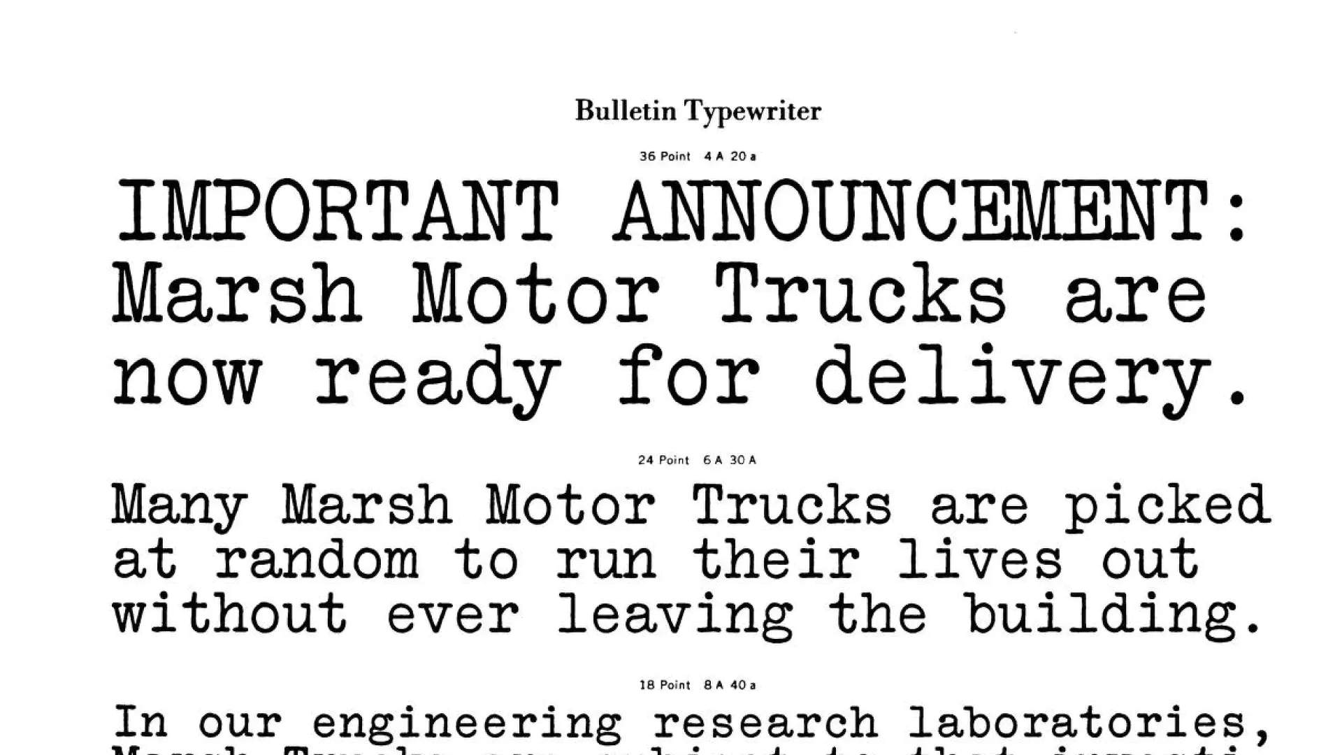 Typed announcement stating Marsh Motor Trucks are ready for delivery, with a note about some trucks being used internally in engineering research.
