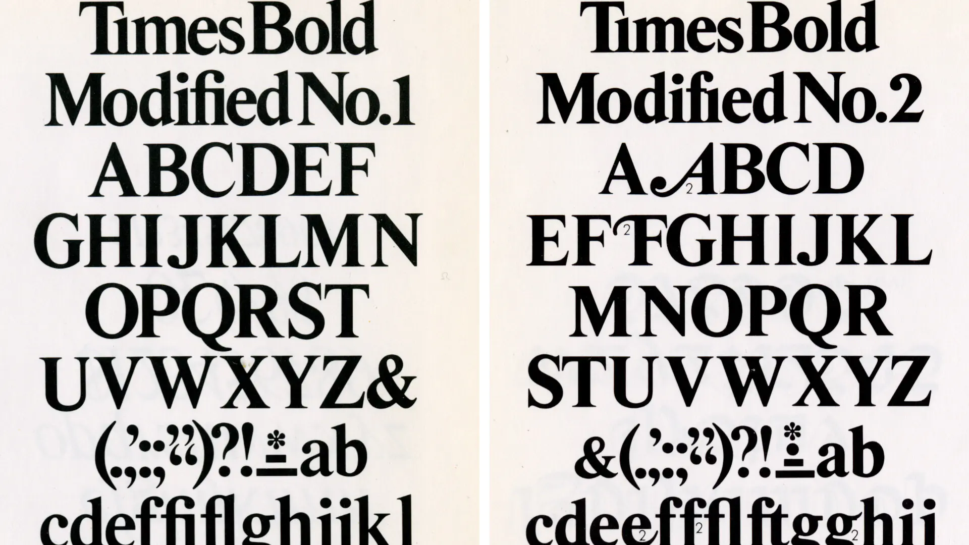 Side-by-side comparison of Times Bold Modified No.1 and No.2 typefaces with uppercase, lowercase letters, and symbols.