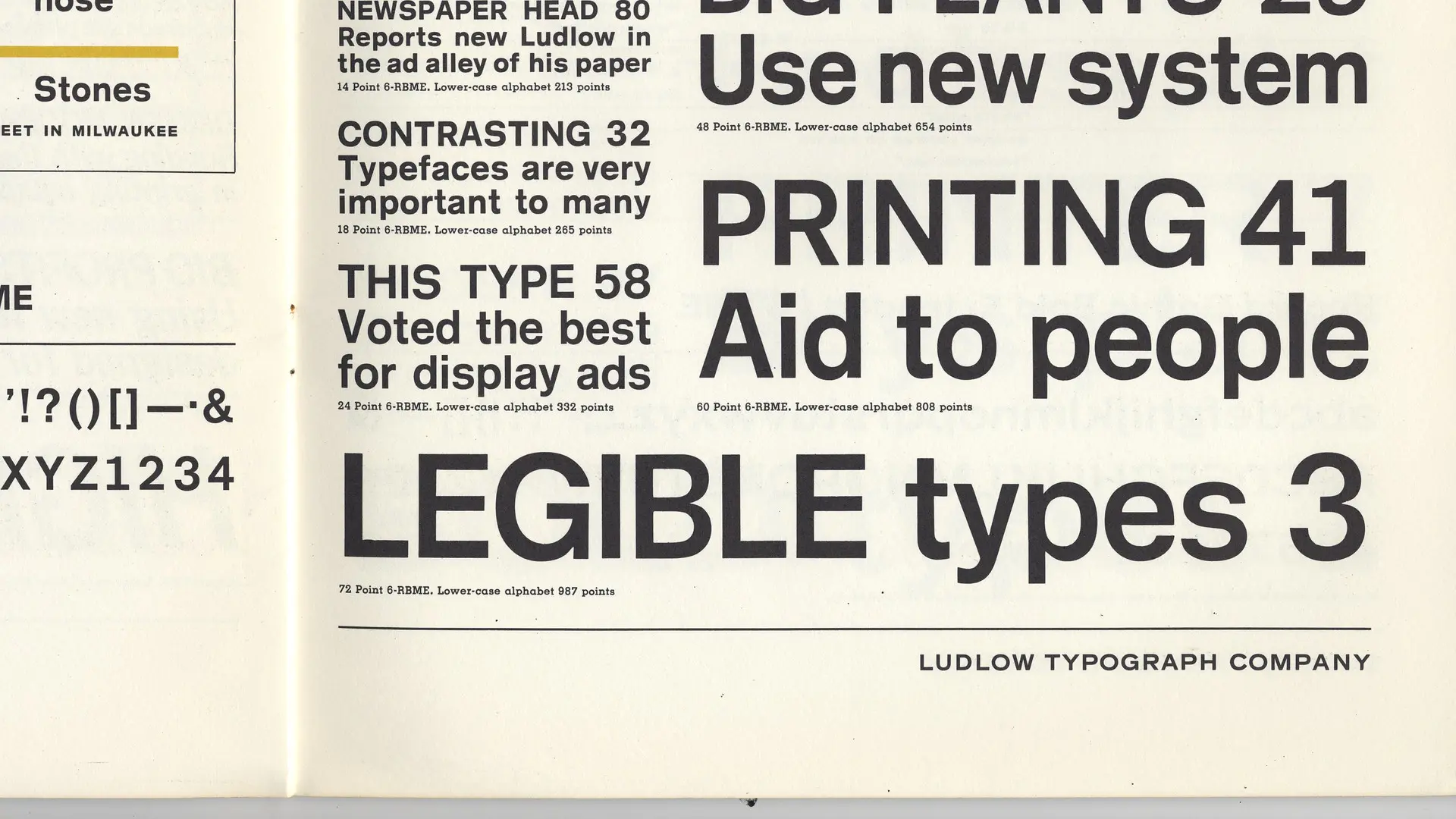Page showing various typefaces and font sizes with text about printing and legible types.