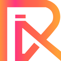 Stylized letter R logo with gradient colors from pink to orange.