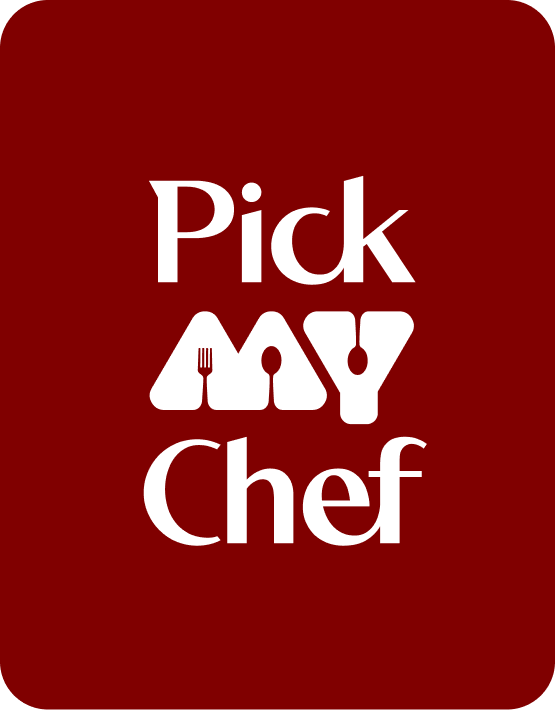 Pick My Chef logo with utensils incorporated in the word MY on dark red background.