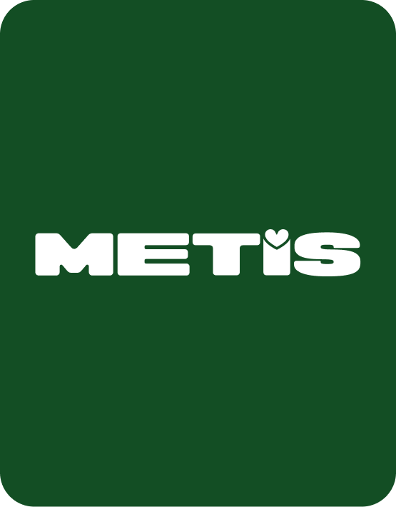 White METIS text logo on dark green background with heart shape inside the letter I.
