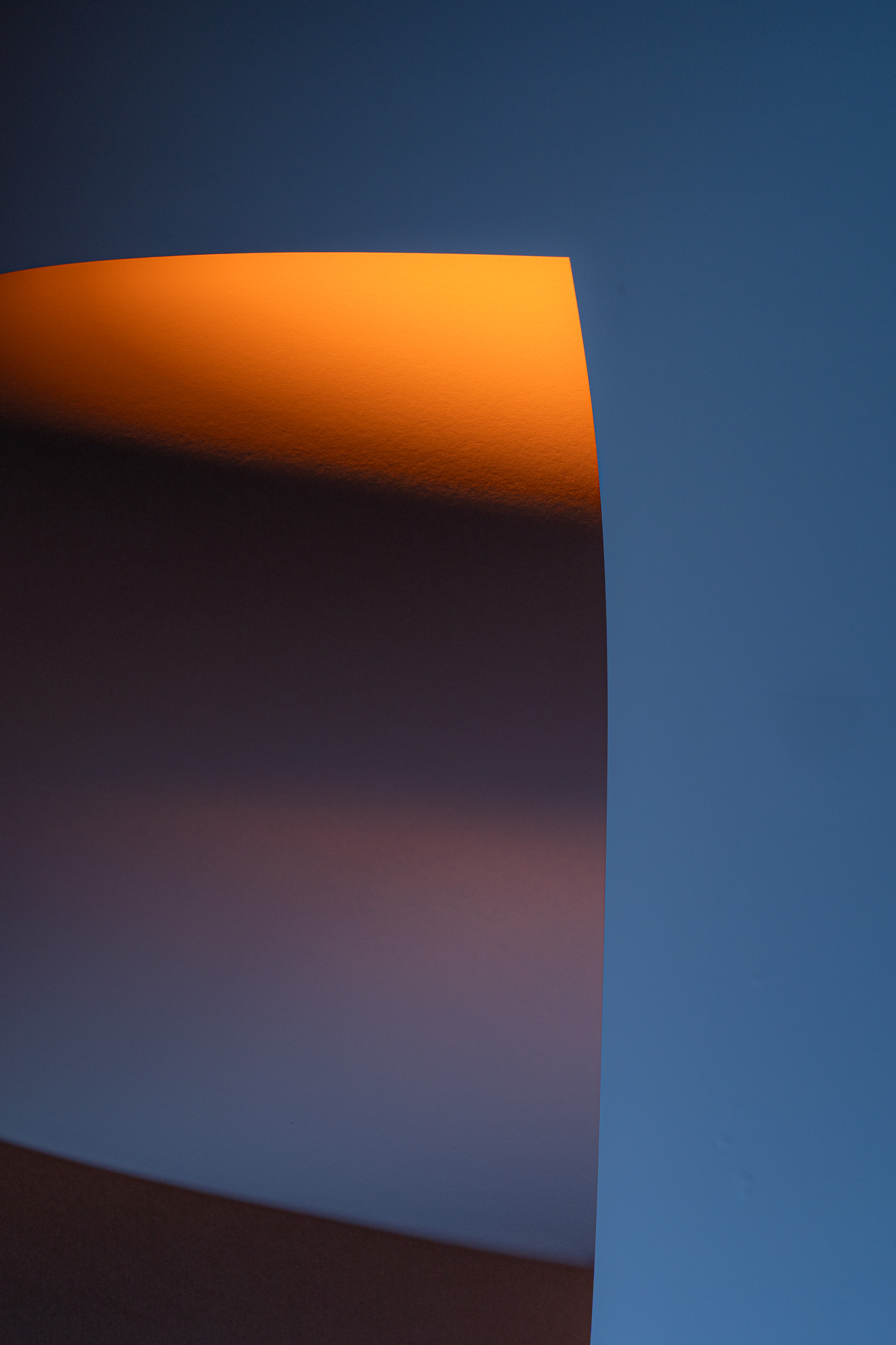 Portrait of Lisa Schatz with short hair and closed eyes illuminated by blue and orange lighting.