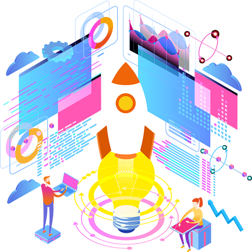 Illustration of a rocket launching from a central database with two people analysing data charts around it.