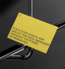 Yellow card with text about placing design and highlighting minimalism, held by black metal rods on a dark background.