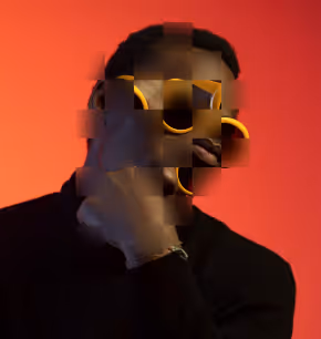 Portrait of a person with dark skin wearing a black shirt and large gold hoop earrings against an orange background, with portions distorted by pixelation.
