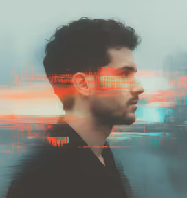 Profile of a man with curly hair against a cityscape background with digital glitch effect.