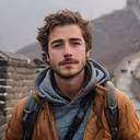 Young man with curly hair wearing a brown jacket and backpack standing outdoors with a mountain and stone wall background.