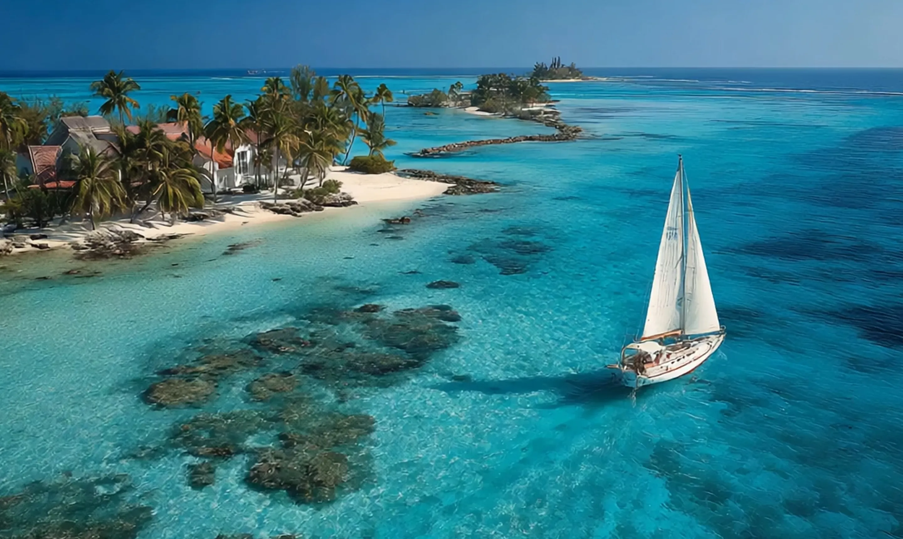 Sailboat cruising on clear turquoise water near a palm tree-lined island with white sandy beaches.