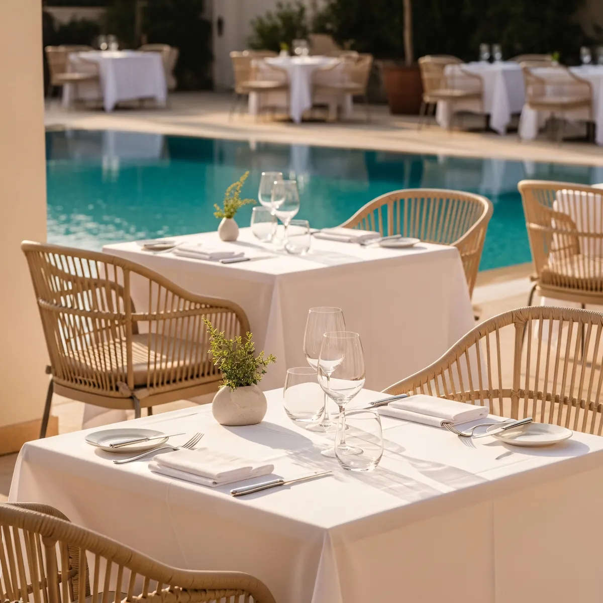 Outdoor dining tables with white tablecloths and wicker chairs beside a blue swimming pool.