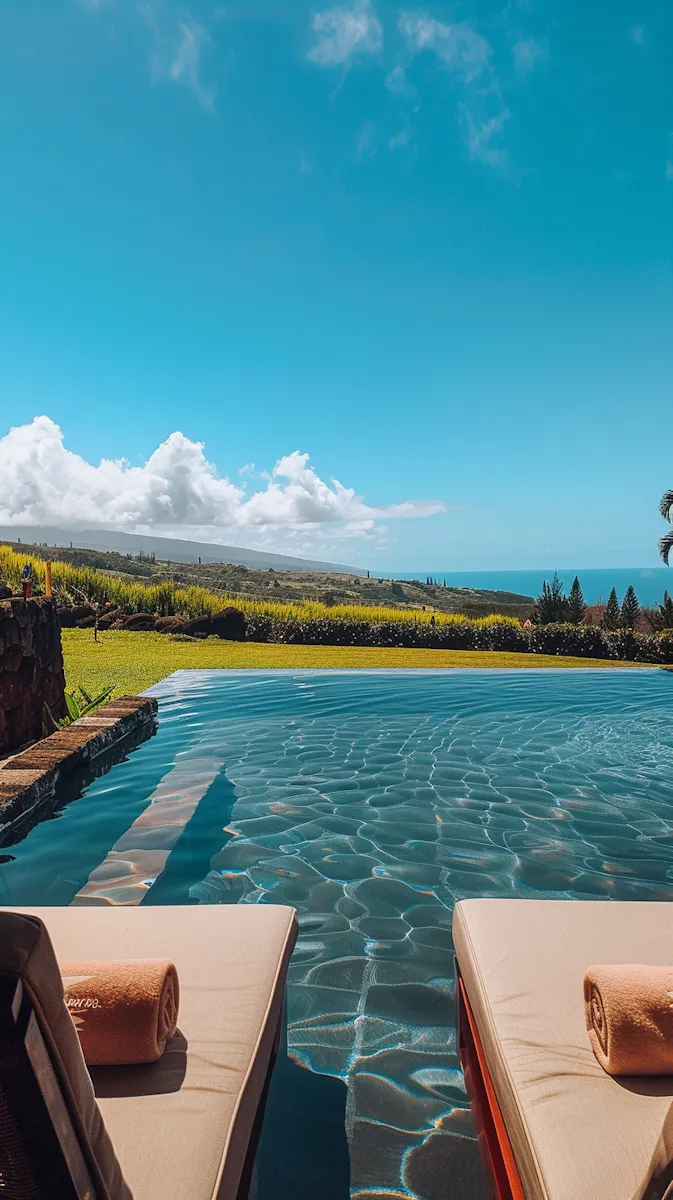 Infinity pool overlooking grassy landscape and distant ocean under a blue sky with clouds.