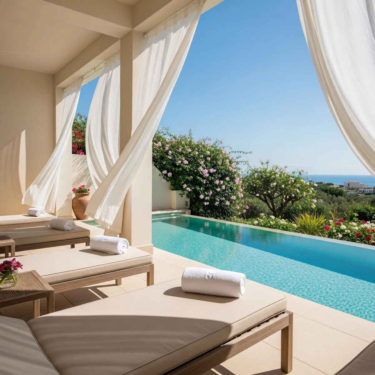 Outdoor poolside area with beige lounge chairs, white rolled towels, sheer white curtains, flowering plants, and a clear blue sky.