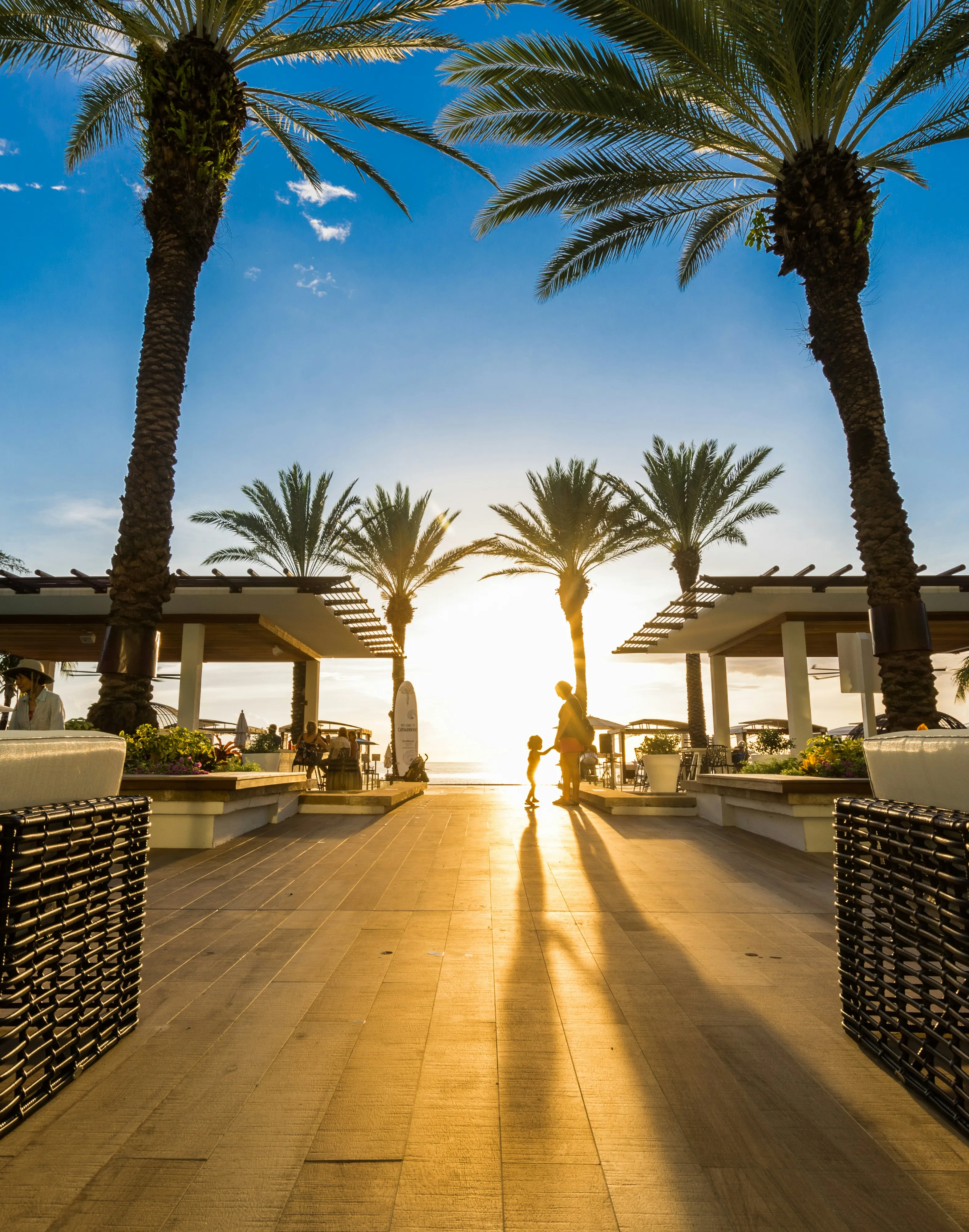 Silhouettes of a woman and child holding hands on a sunlit pathway lined with palm trees and shaded seating areas.