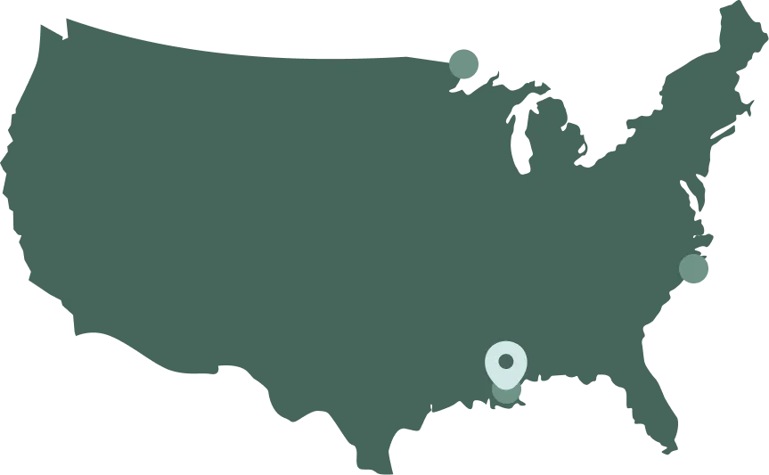 Map of the United States with three location markers in Minnesota, Louisiana, and South Carolina.