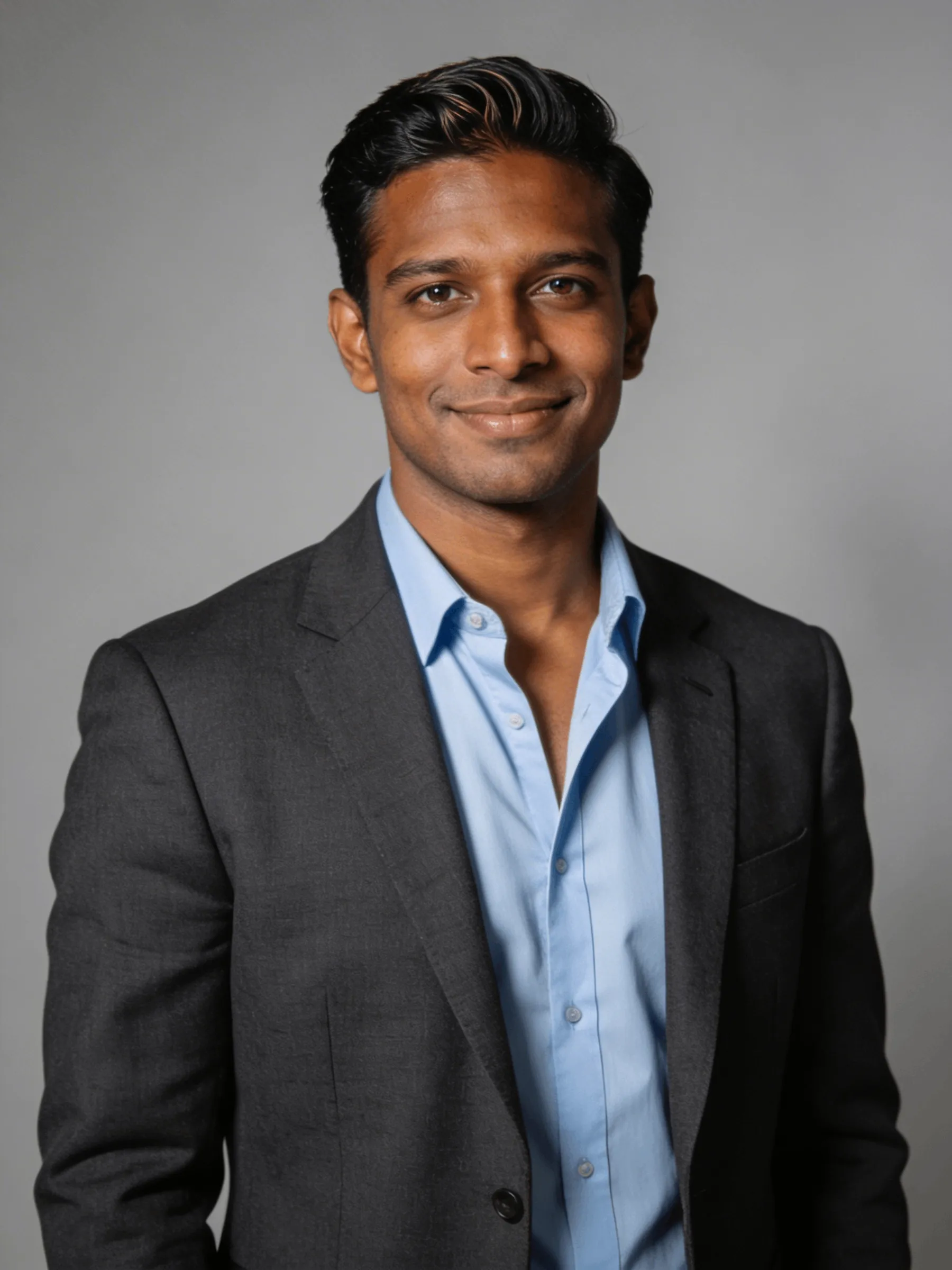 Smiling man in a dark blazer and light blue shirt against a plain gray background.