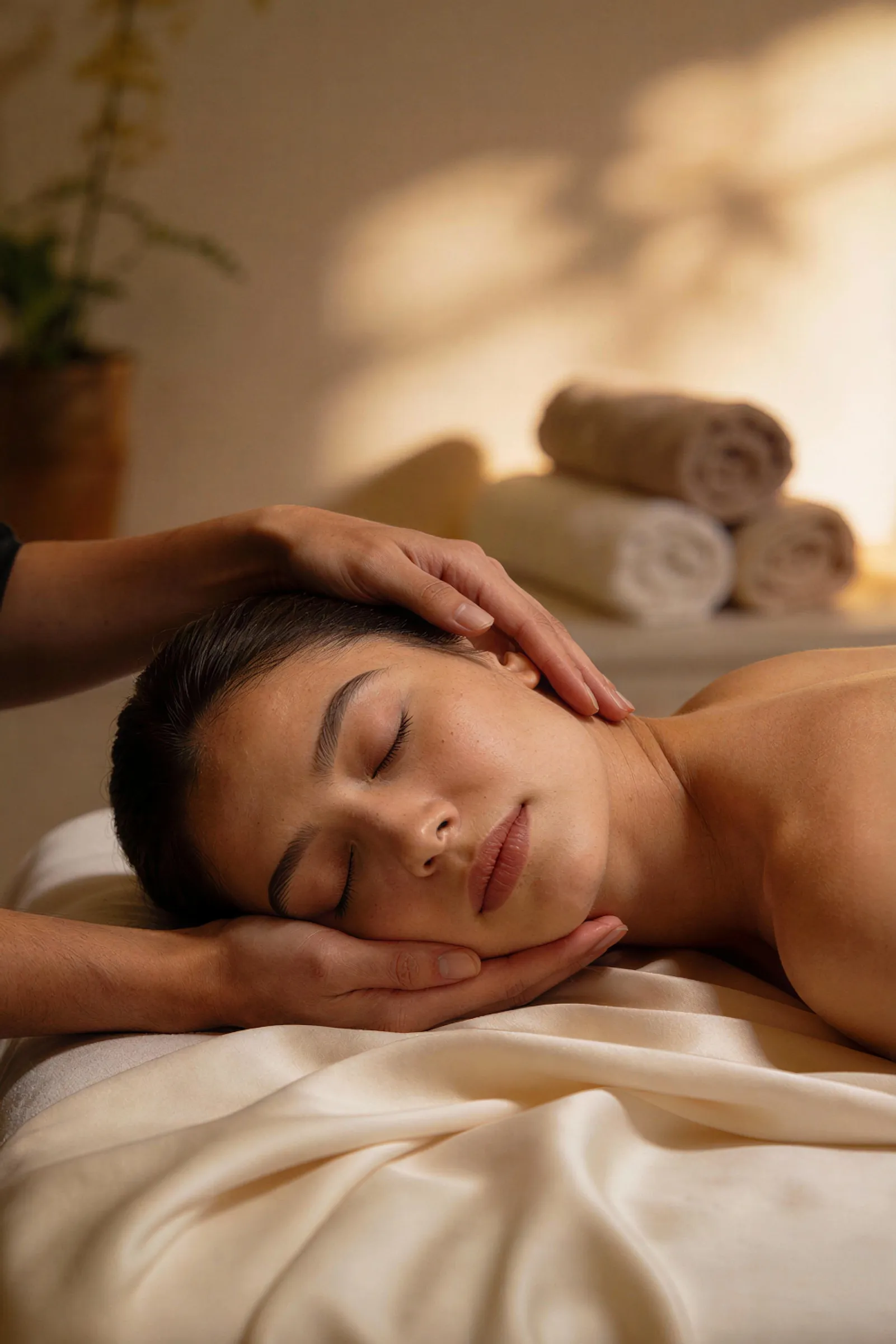 Woman receiving a gentle head massage while lying on a spa bed with rolled towels in the background.