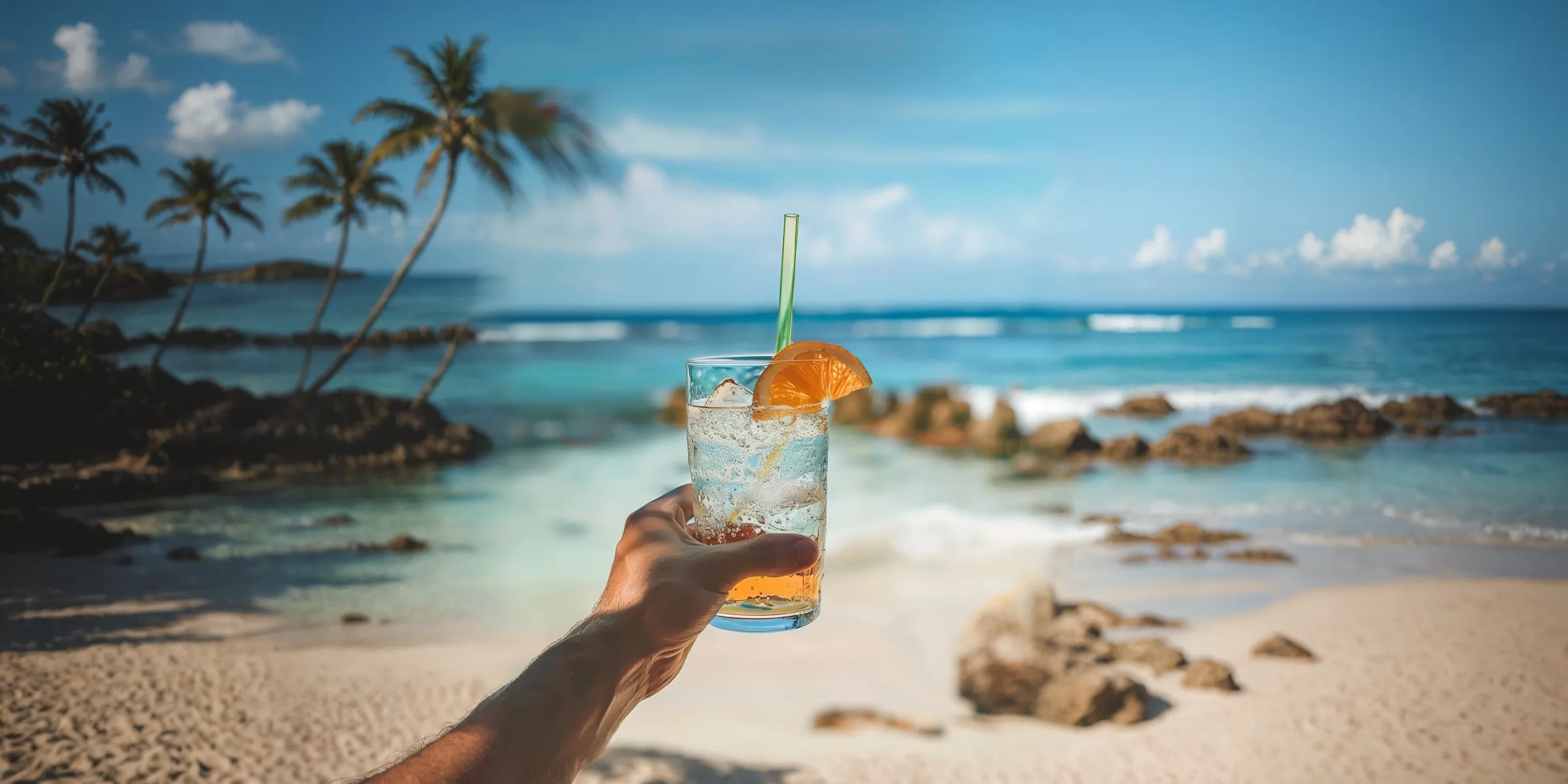 Hand holding a glass with ice, an orange slice, and a green straw at a tropical beach with palm trees and blue ocean.