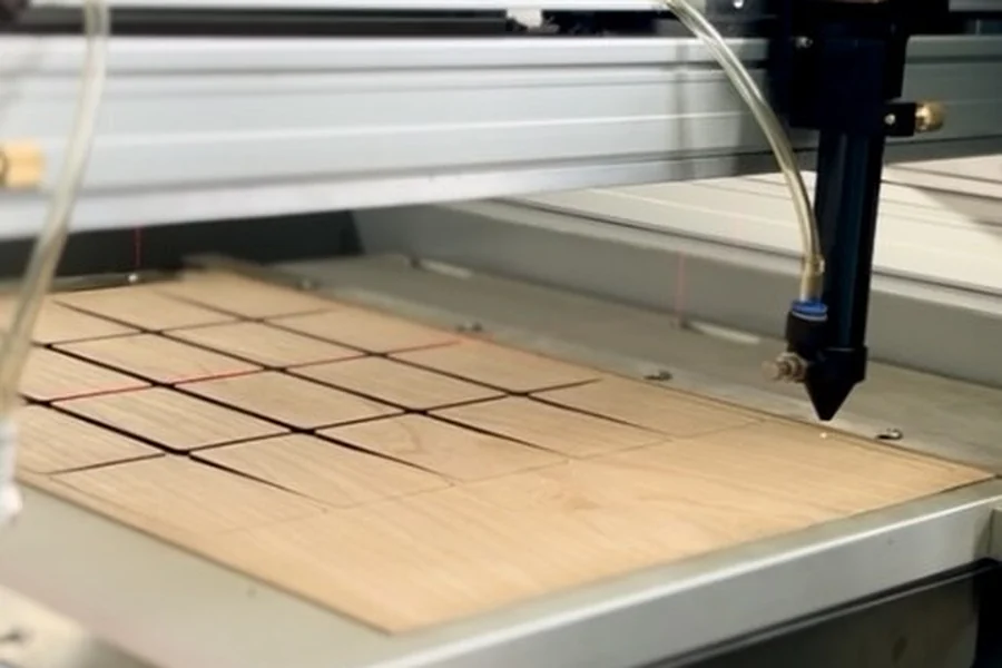 A laser head cutting card blanks from a sheet of wood veneer.