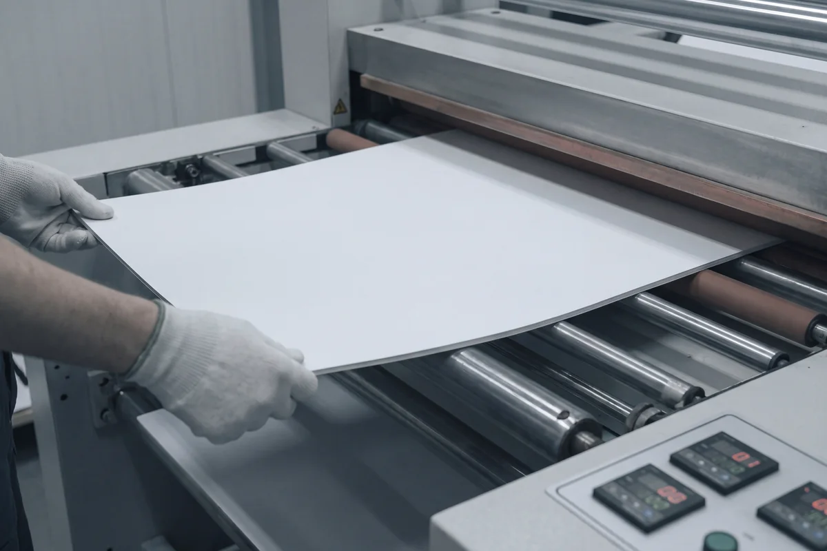 Printed sheets passing between the lamination rollers under heat.