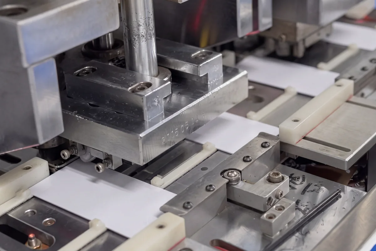 Cards being punched from a laminated sheet at the die-cutting station.