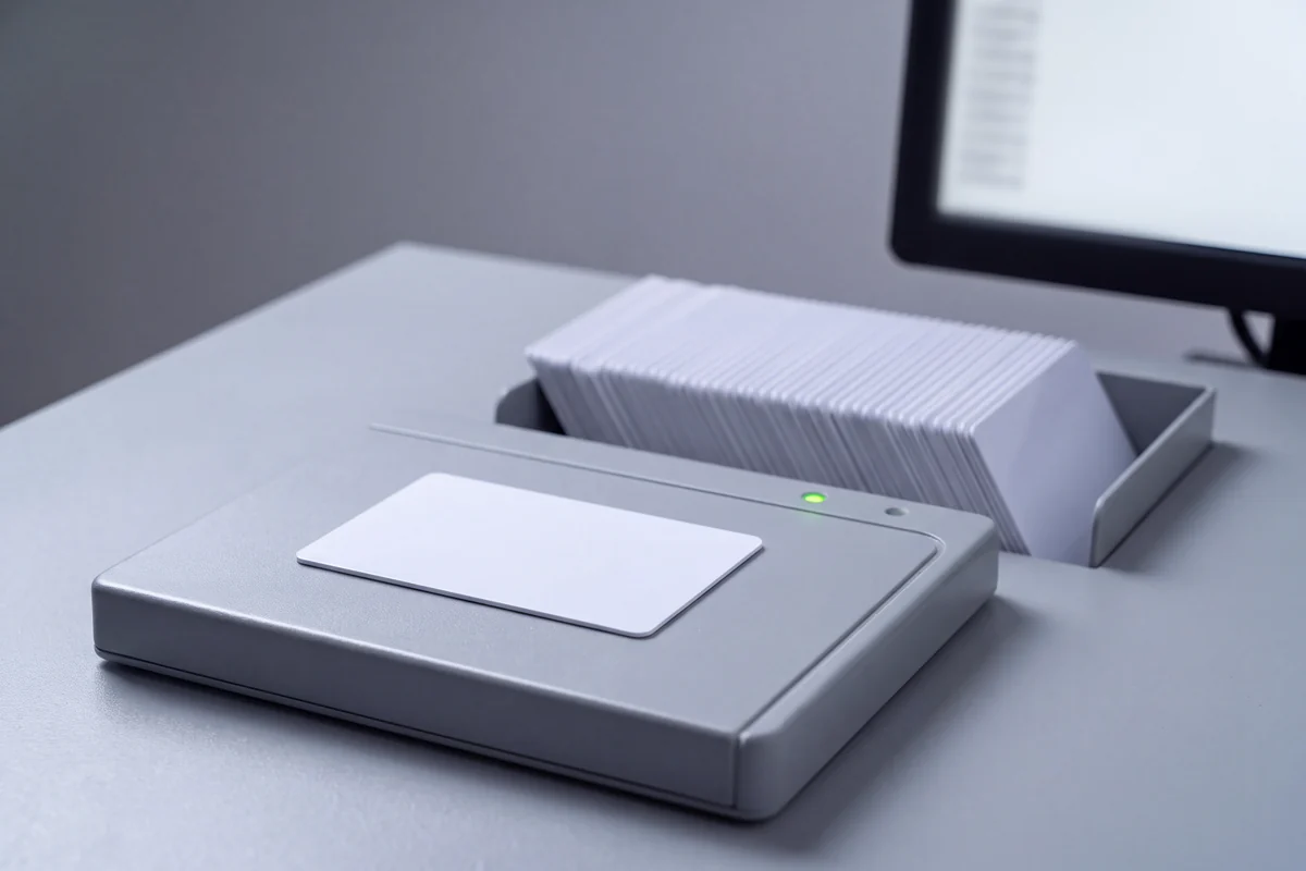 A finished card on the encoding reader, with the batch stacked in the output tray behind it.