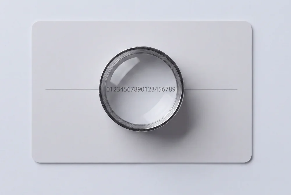 Loupe resting on a card, magnifying a line of microtext into legible digits
