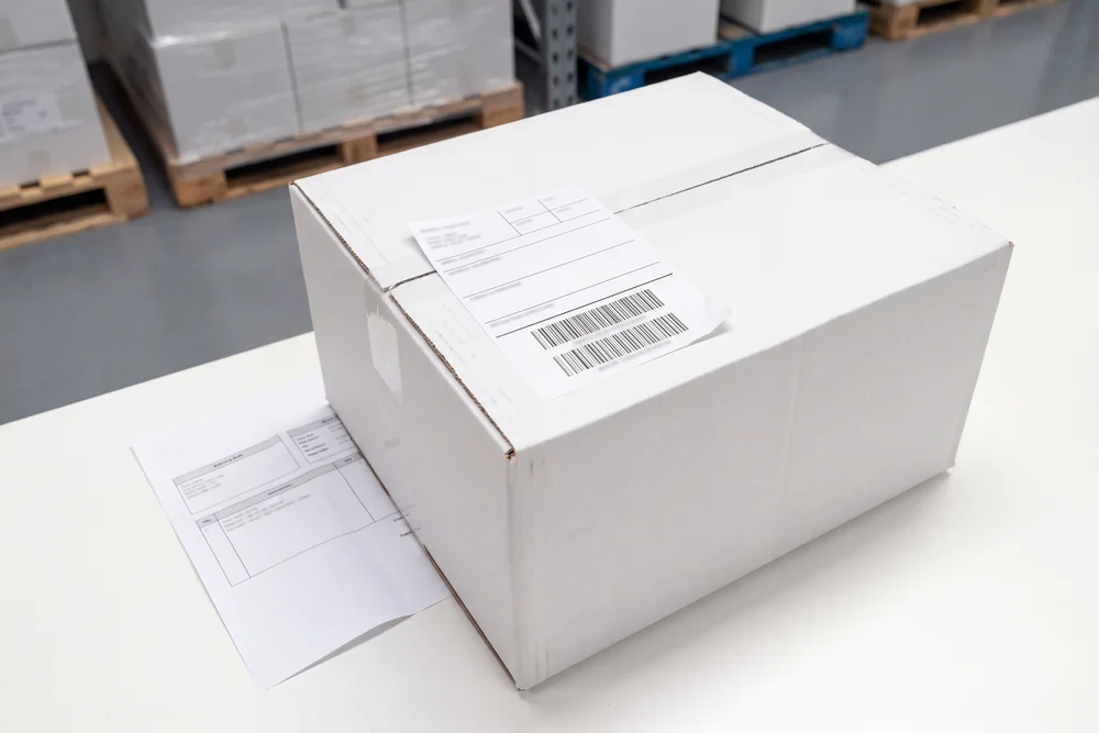 White carton with a plain typographic shipping label and a delivery note beside it, carrying no logo