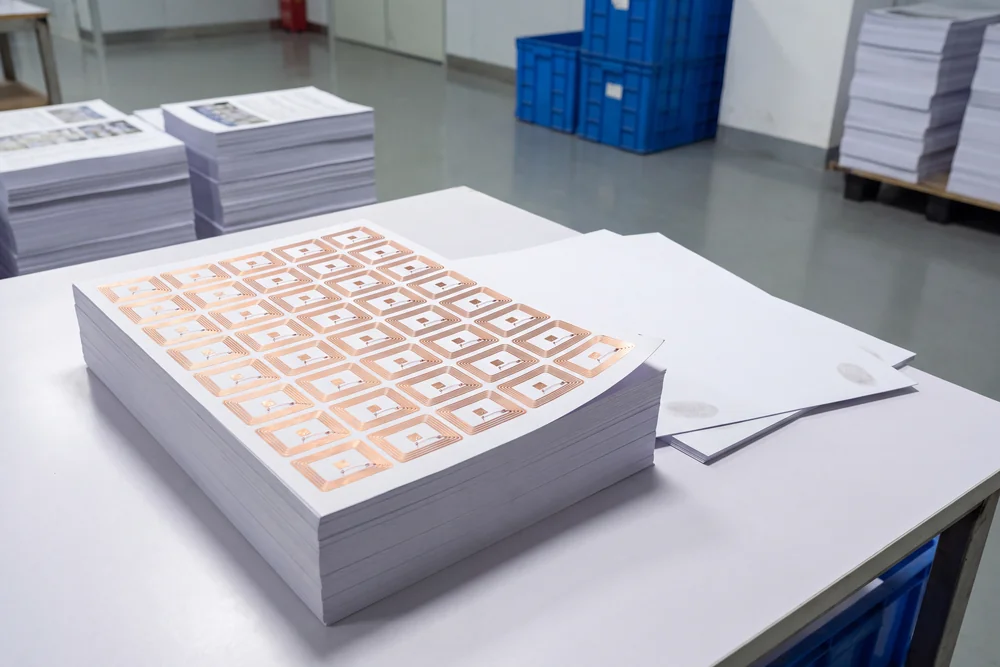Sheet of RFID inlays, each copper antenna carrying its chip