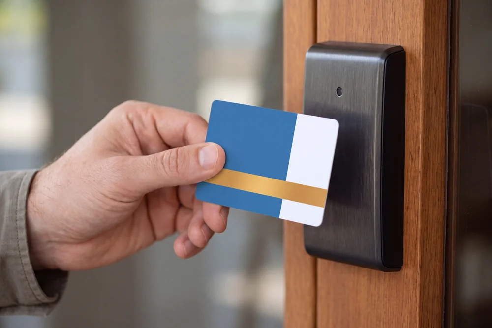 An access card presented to a wall reader on a door