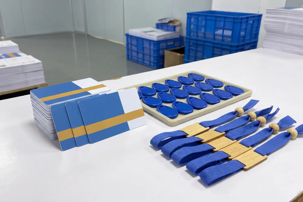 Cards, key fobs and wristbands from one order laid out on a bench in the plant