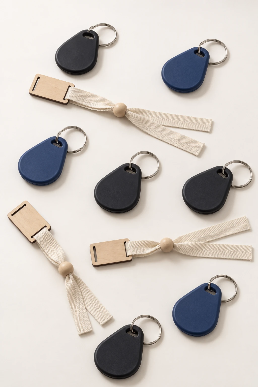 Fabric wristbands with a wooden tag, and black and blue key fobs