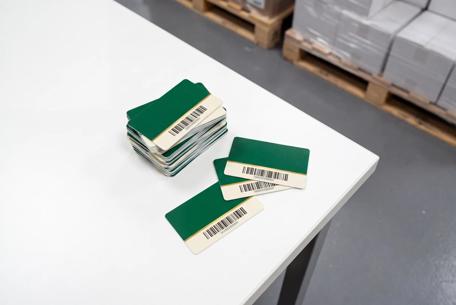 A stack of green member cards with three loose cards beside it, each carrying a different barcode