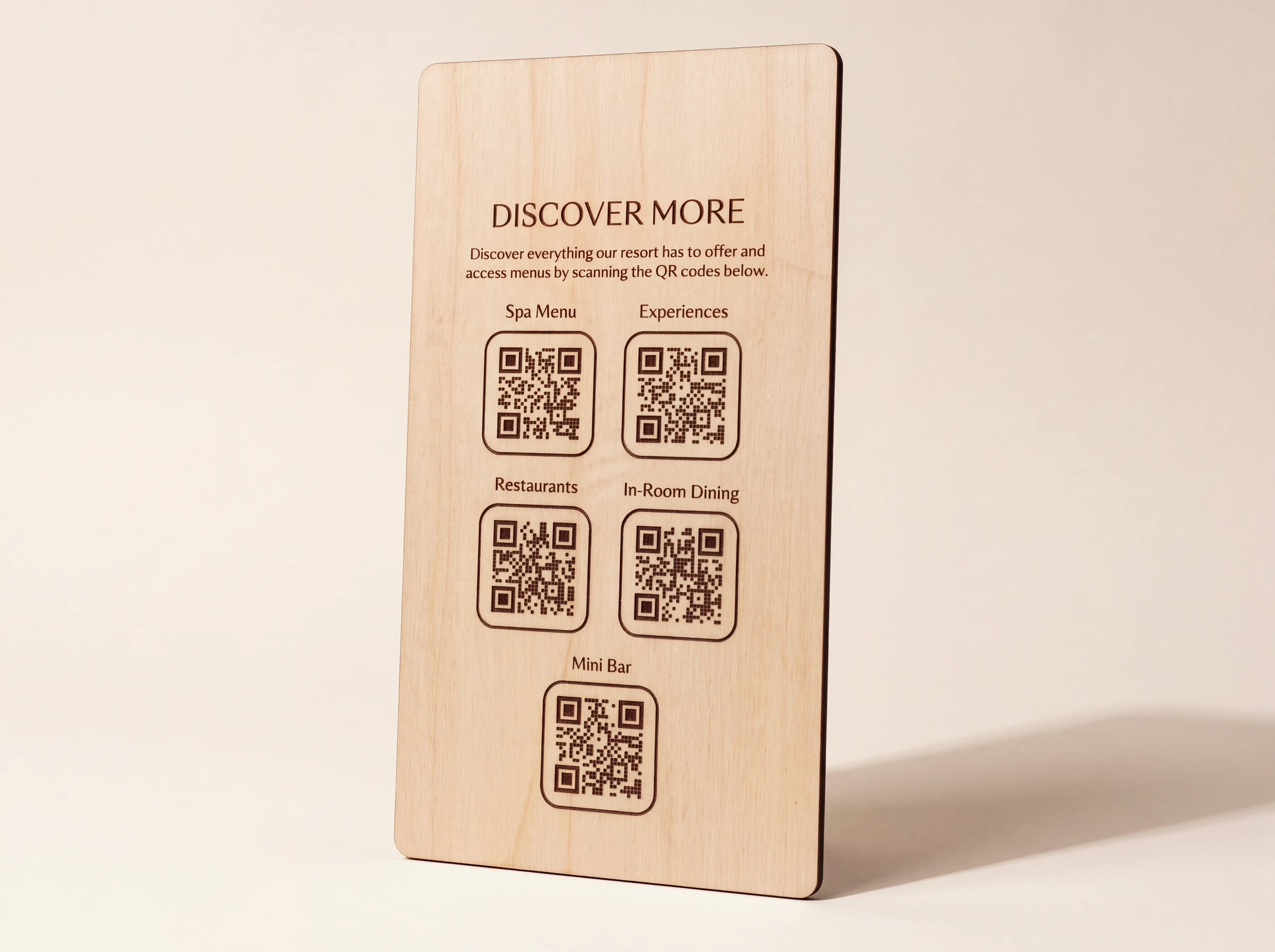 Wooden table sign with a QR code