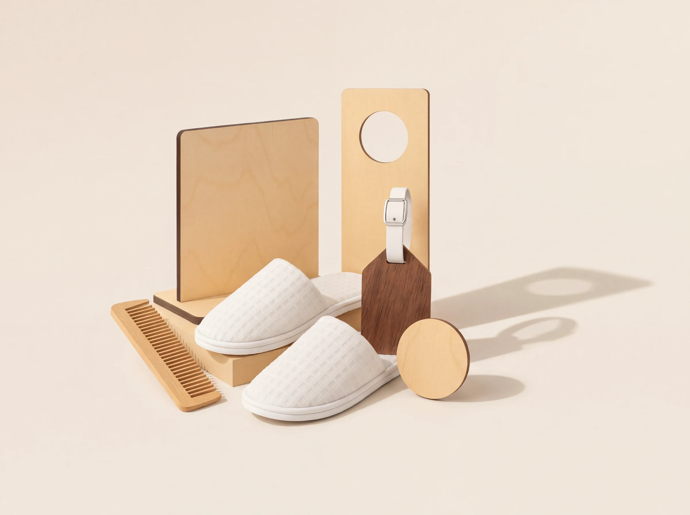 Wooden amenity set with slippers and comb