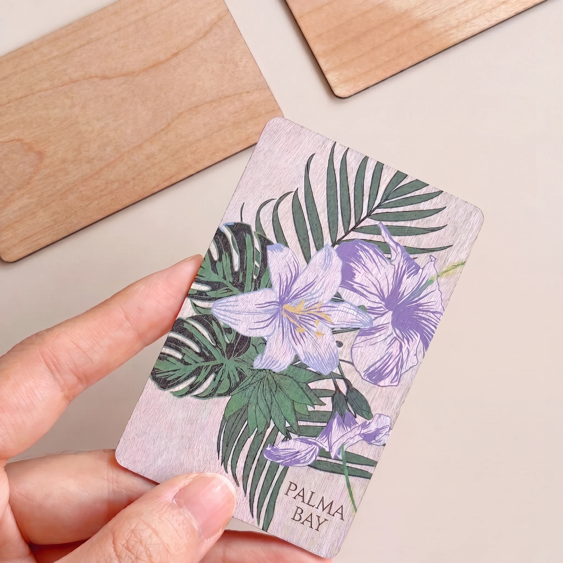 Wooden key card printed in full colour with a tropical design